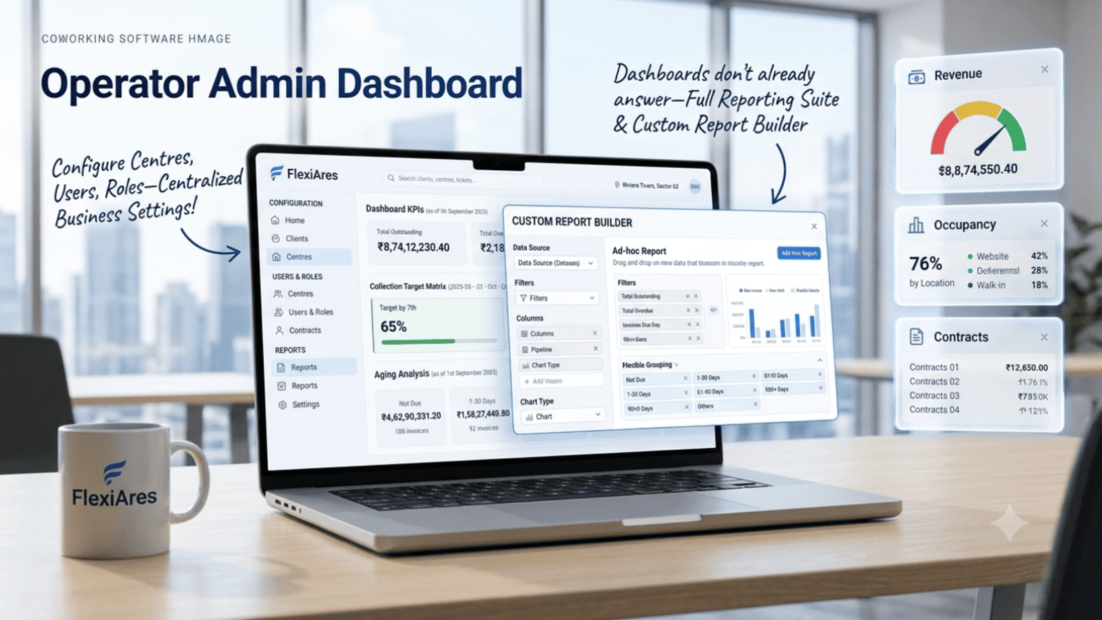 Operator admin dashboard with centralized settings and reporting in FlexiAres