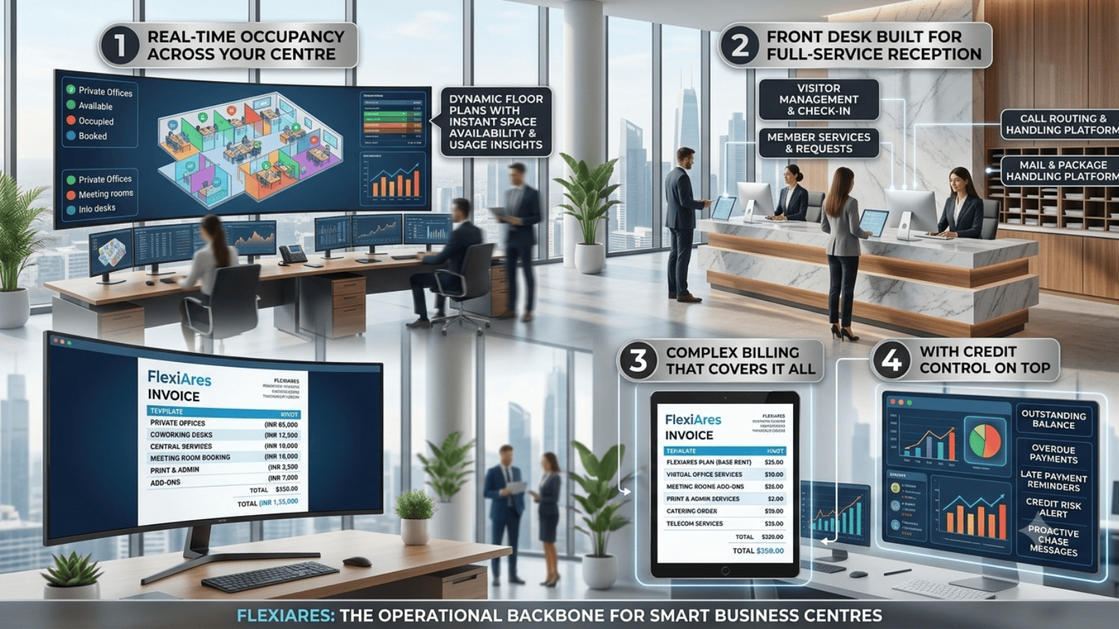 Business centre floor plan with reception and occupancy tools