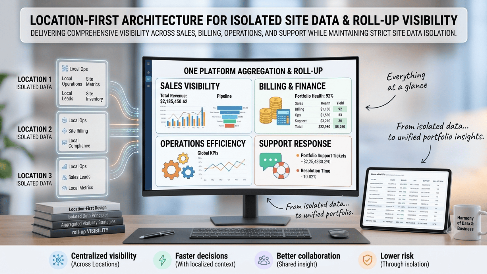 Portfolio roll-up and location-scoped coworking operations in FlexiAres