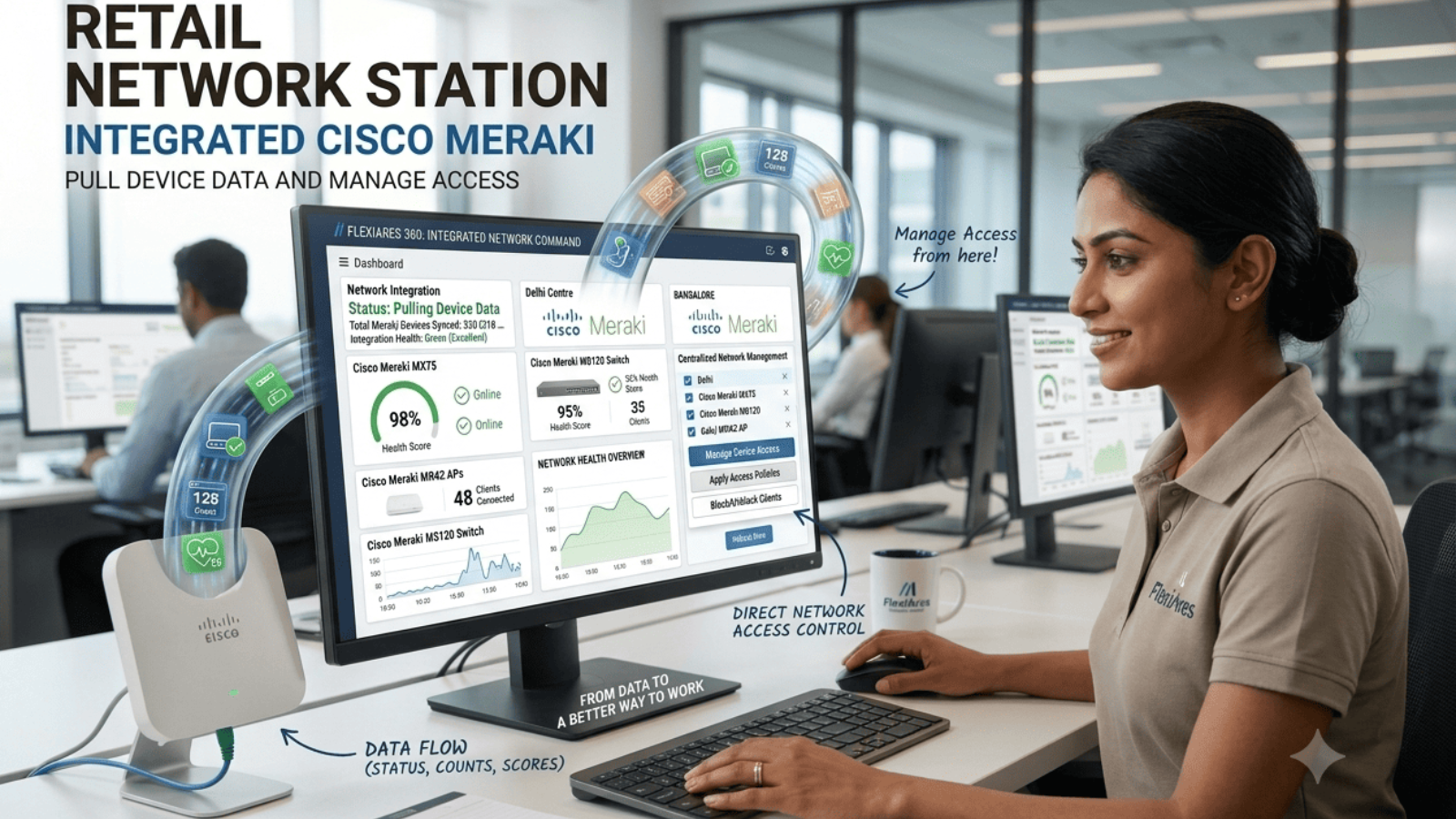 Live Meraki device status and client health in FlexiAres