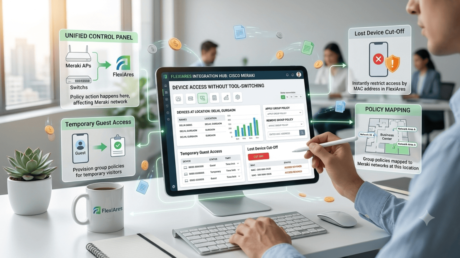 Live Meraki device status and client health in FlexiAres