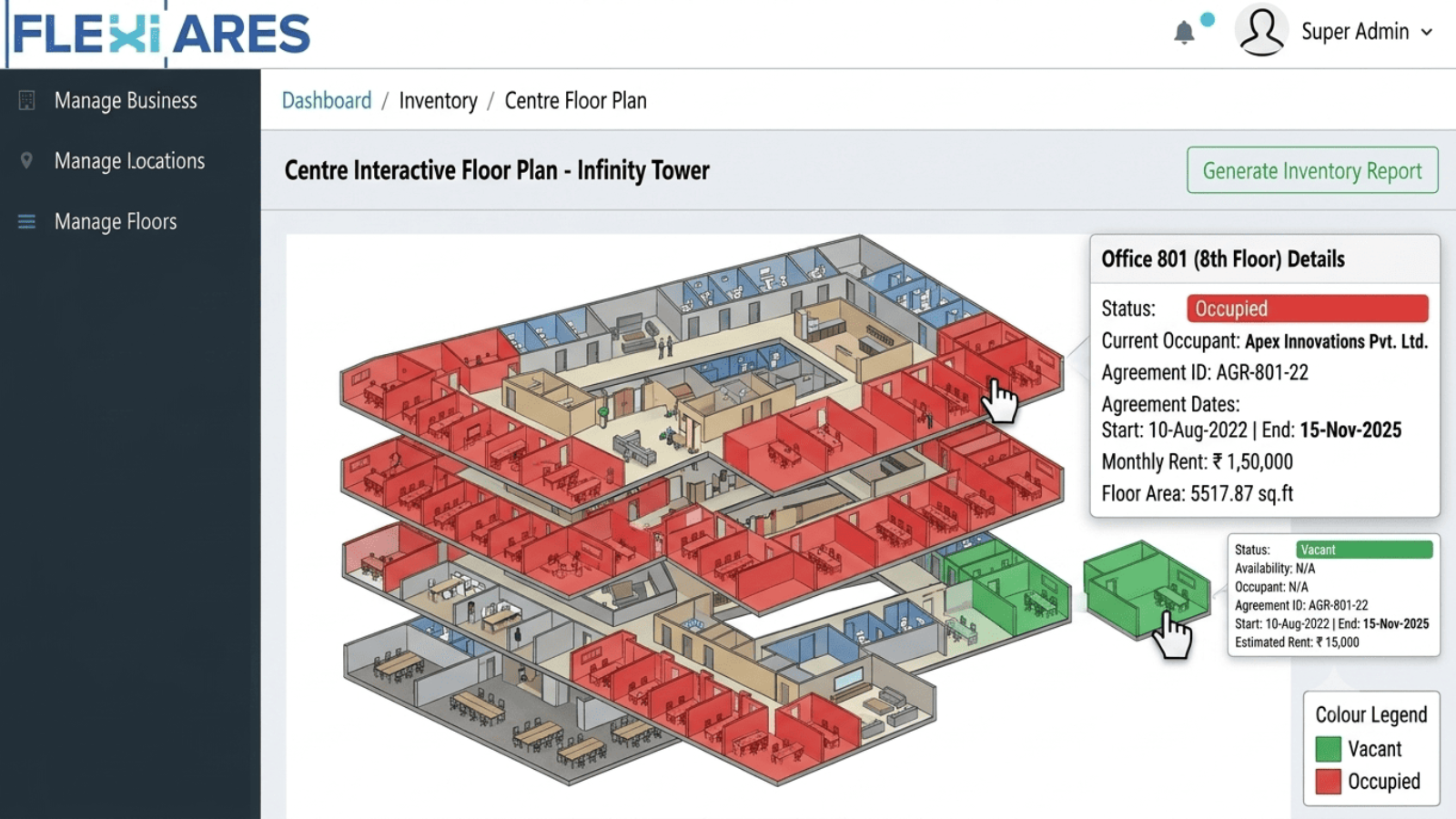 Live floor plan showing vacant and occupied offices with agreement details