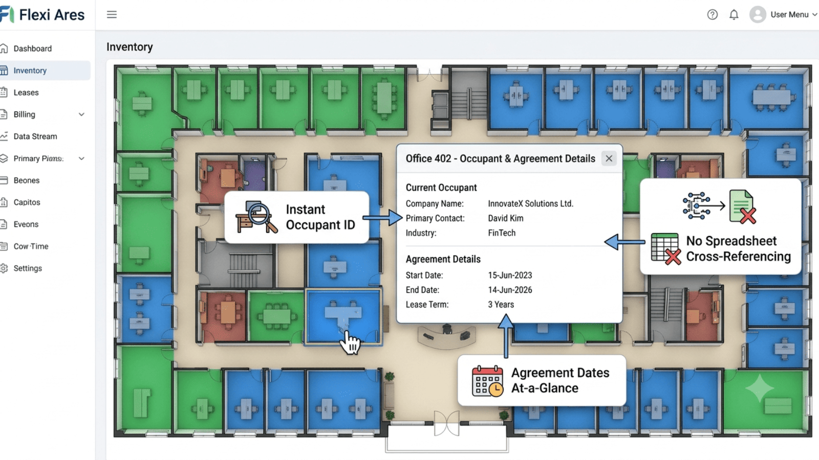 Live floor plan showing vacant and occupied offices with agreement details