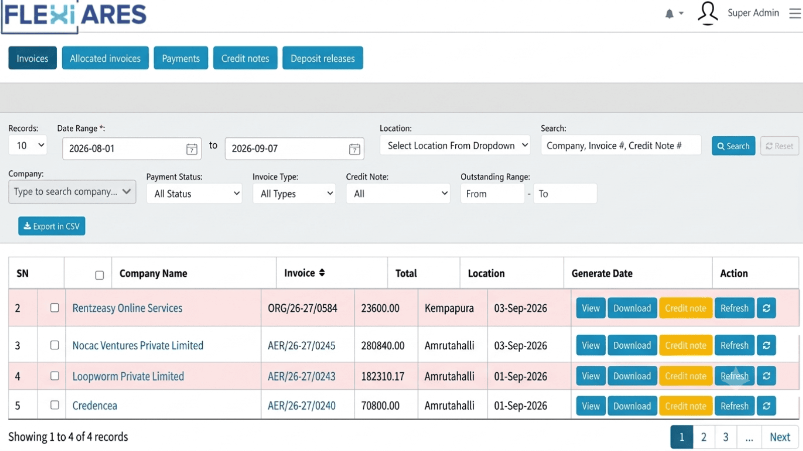 Automated invoice generation and payment allocation in FlexiAres