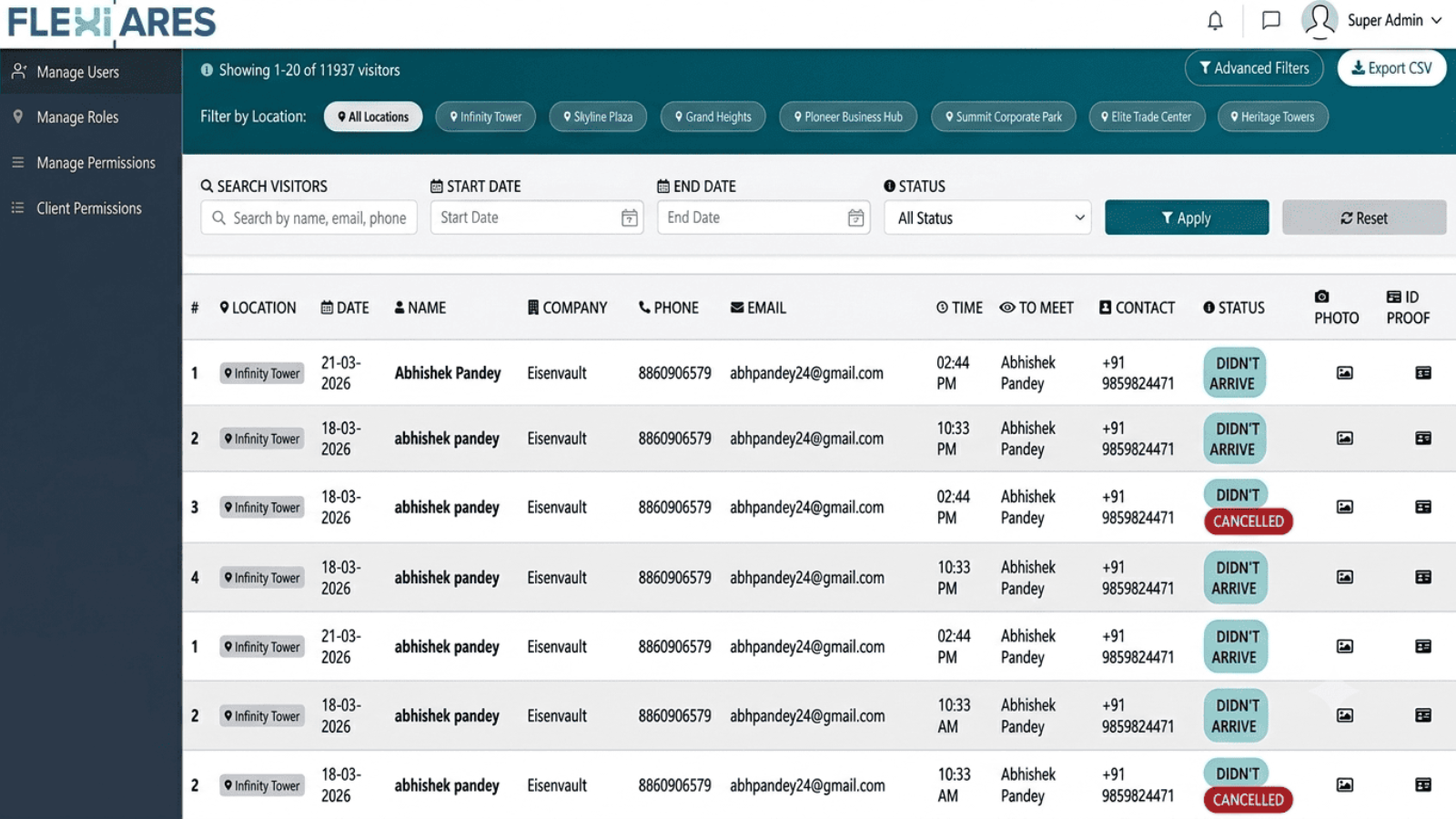 QR code visitor check-in and host notification workflow in FlexiAres
