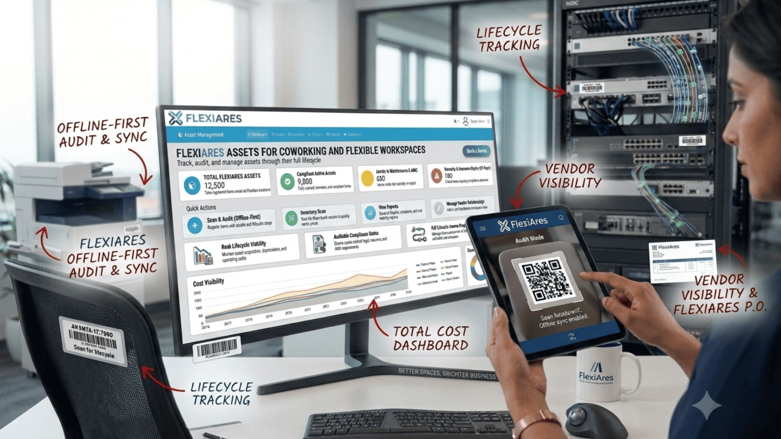 Workspace asset tracking and maintenance schedules in FlexiAres