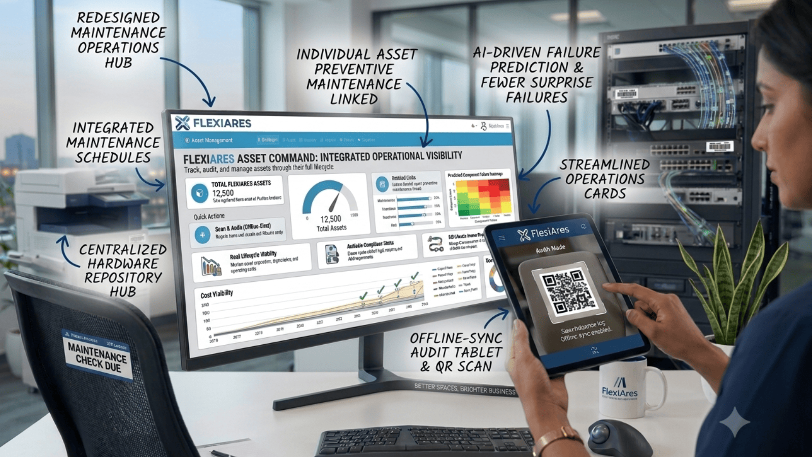 Workspace asset tracking and maintenance schedules in FlexiAres
