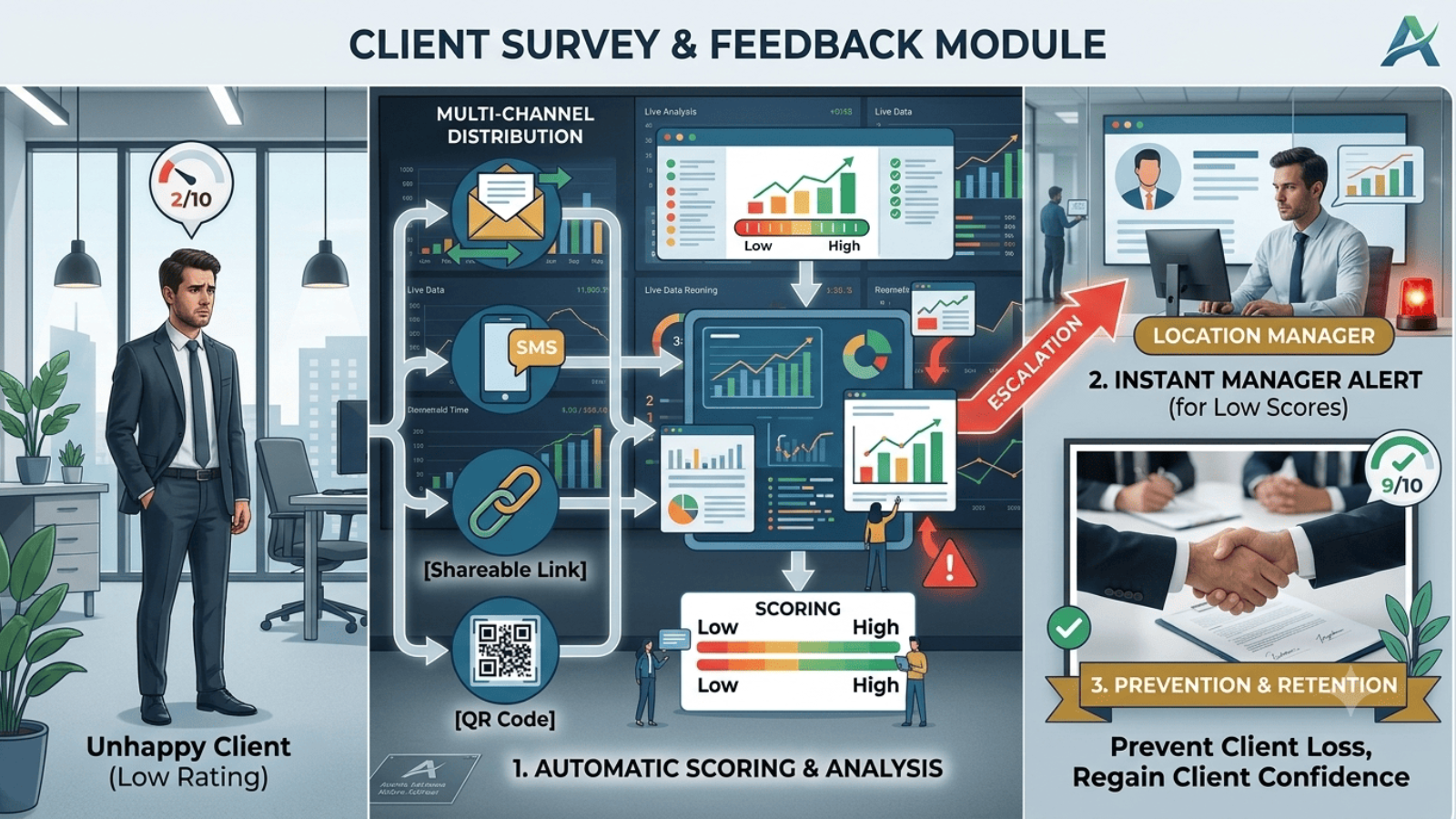 Client survey responses and NPS scoring in FlexiAres