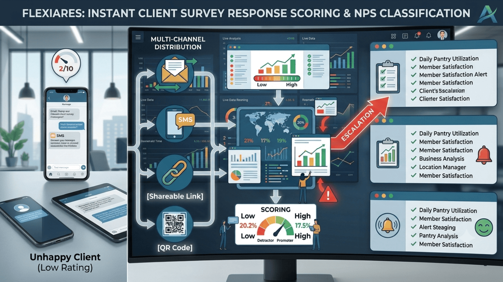 Client survey responses and NPS scoring in FlexiAres