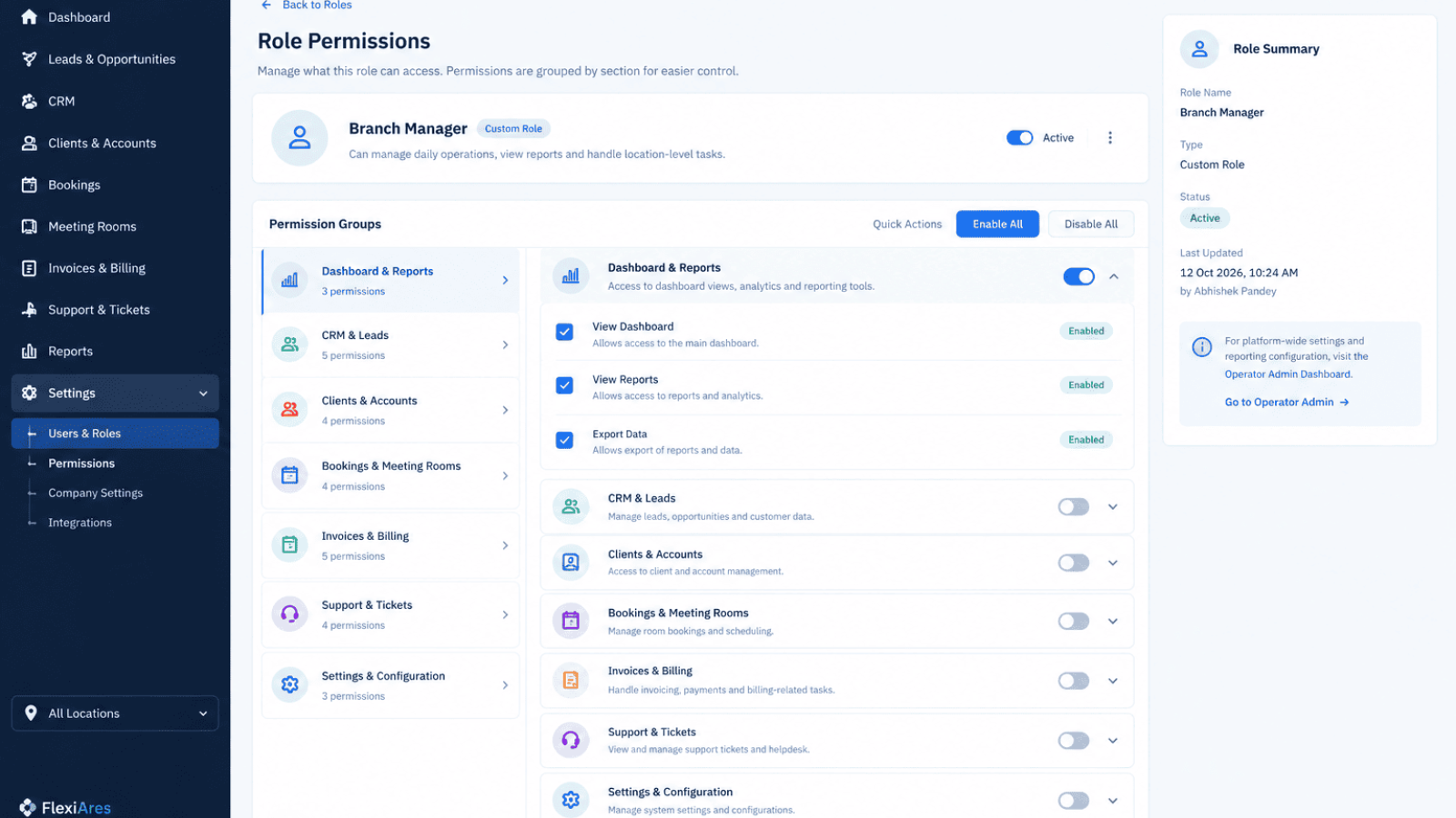 Role permissions and front desk and manager dashboards in FlexiAres