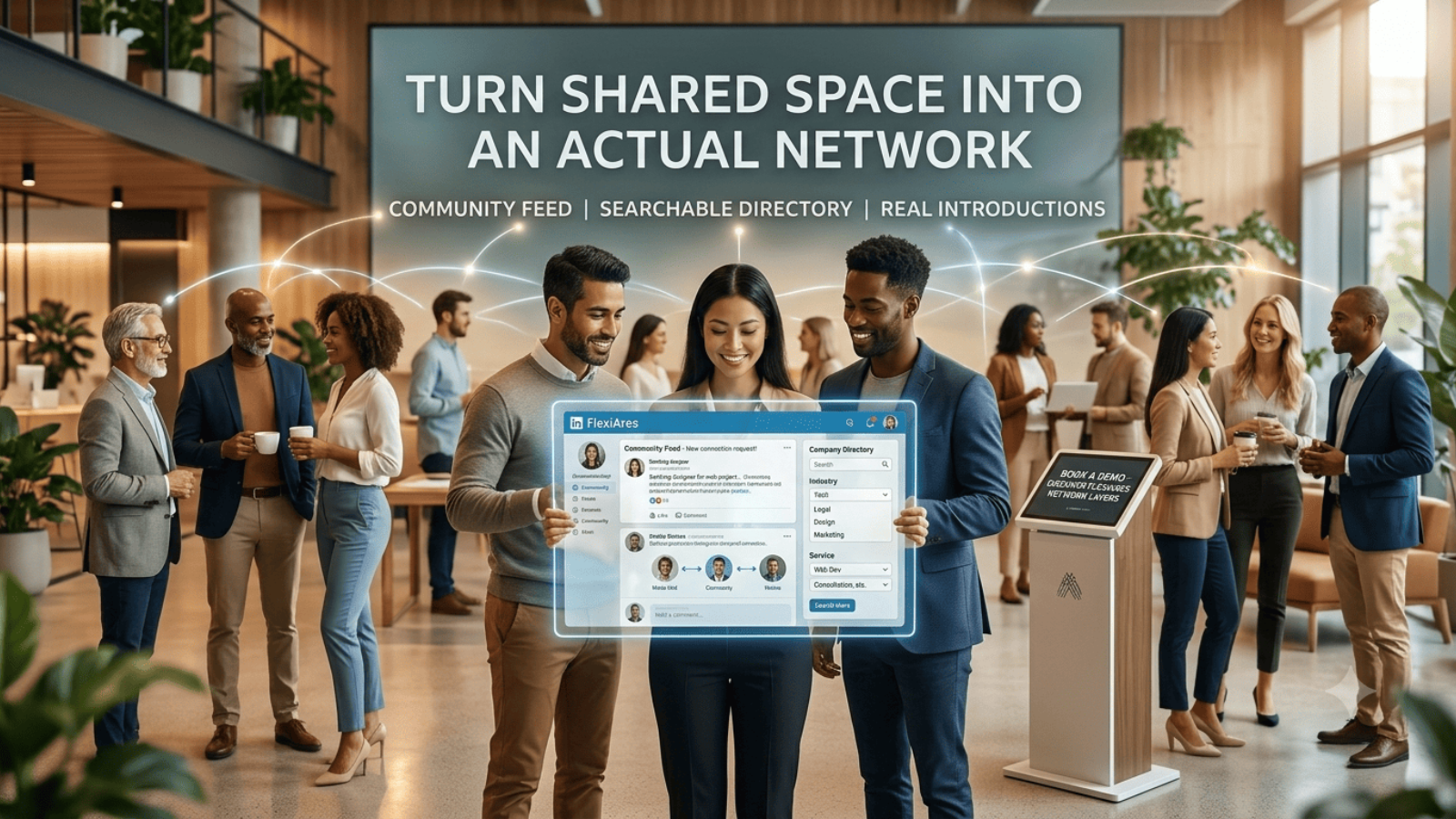 Coworking community feed and member directory in FlexiAres